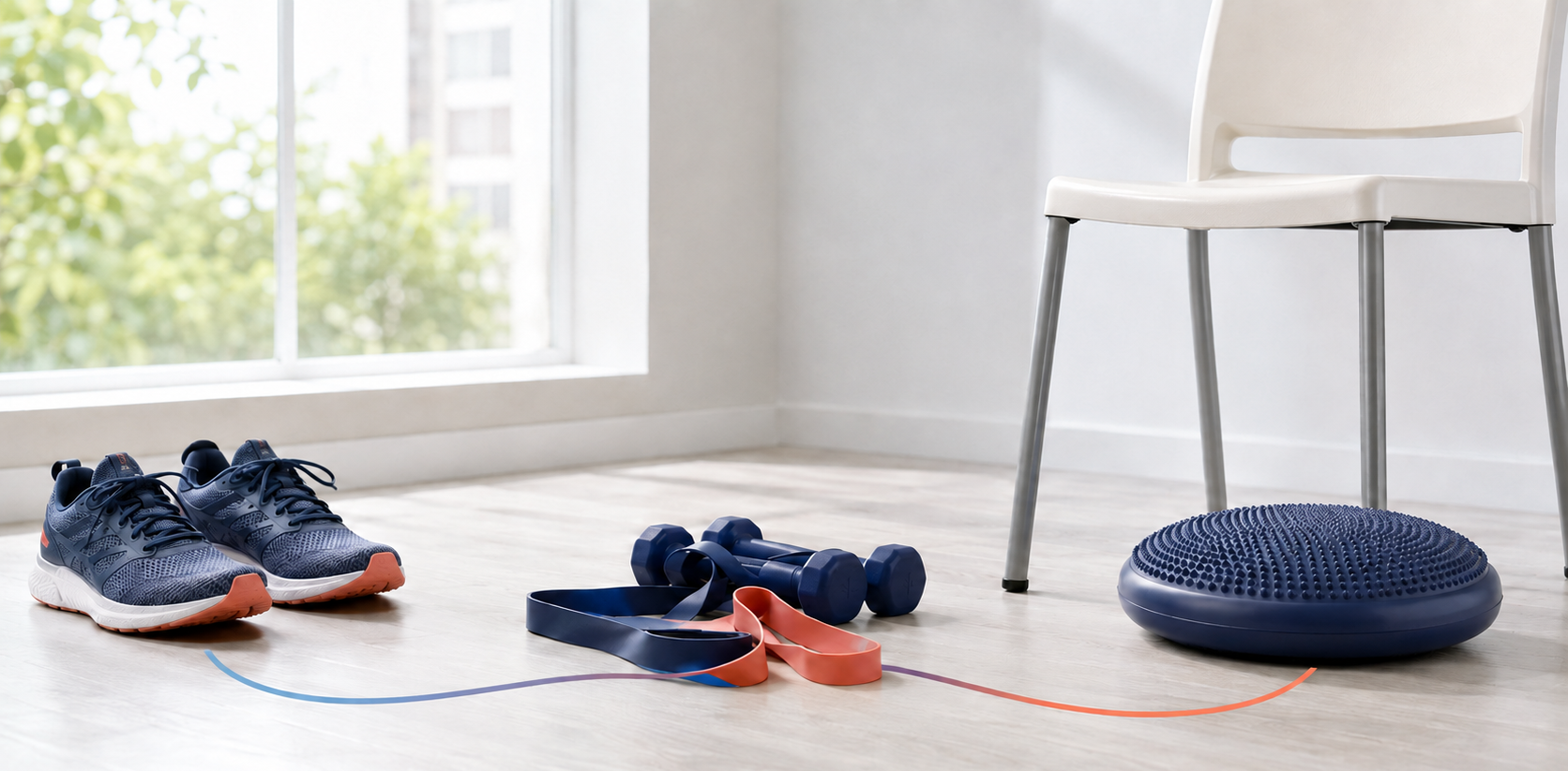 Zapatos, pesas, bandas y un cojín de equilibrio representan distintas formas de actividad física.