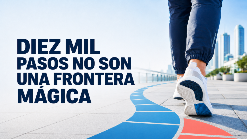 Persona caminando sobre una ruta azul junto al título «Diez mil pasos no son una frontera mágica».