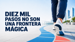 Persona caminando sobre una ruta azul junto al título «Diez mil pasos no son una frontera mágica».