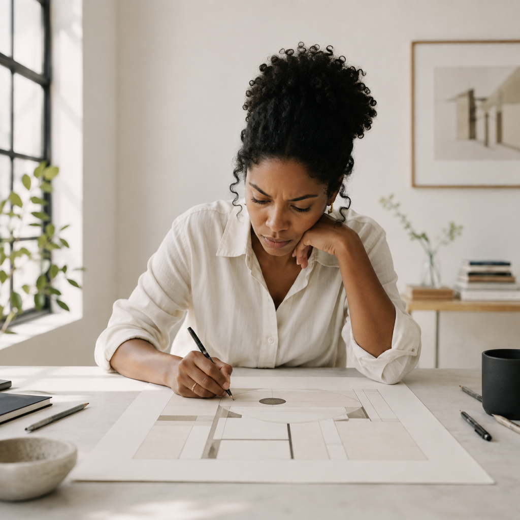 Mujer concentrada revisando un proyecto, símbolo del perfeccionismo