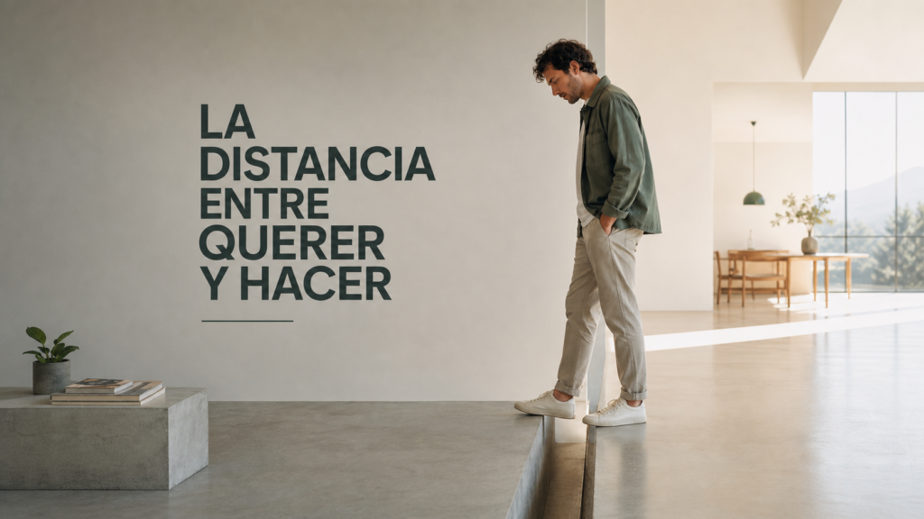 Hombre reflexionando junto al título «La distancia entre querer y hacer».